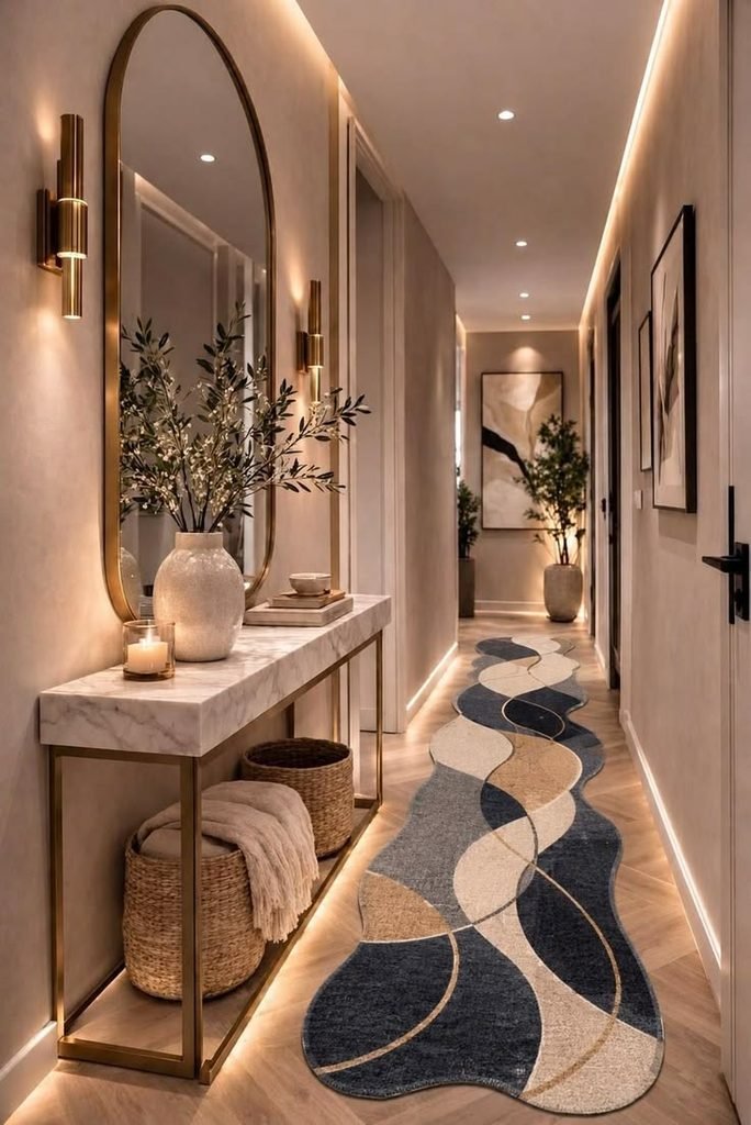 Hallway entryway with colorful vintage runner