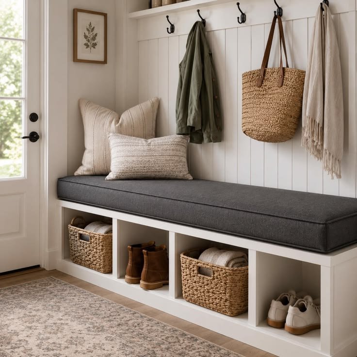 Wooden bench with cushion and nearby wall decor