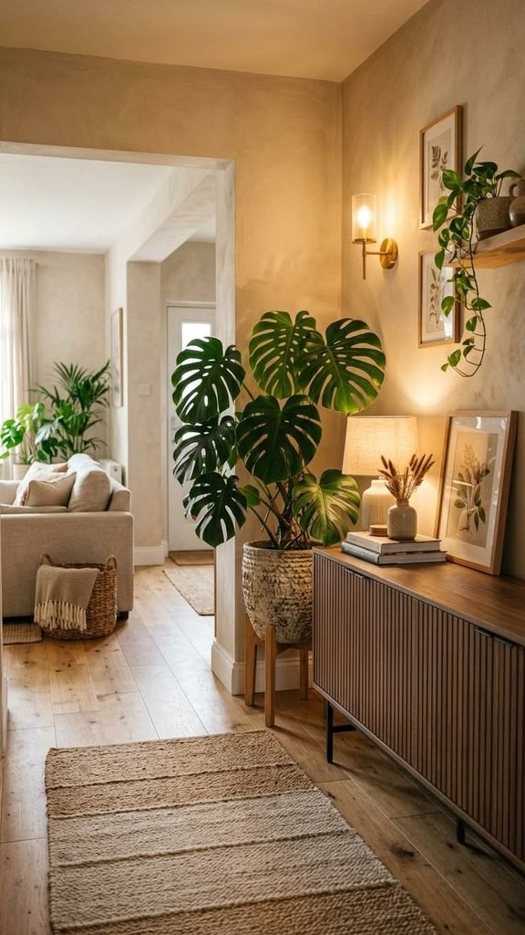 Tall olive/rubber plant beside console