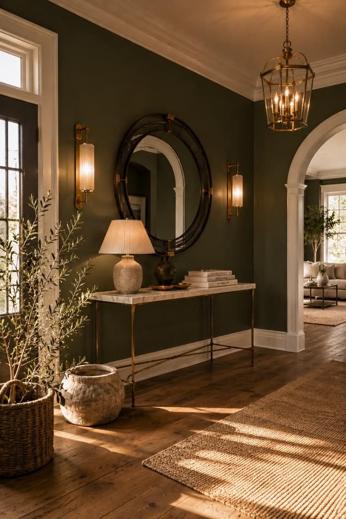 Olive green wall with wood console and decor