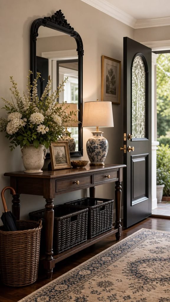 Modern console paired with vintage mirror