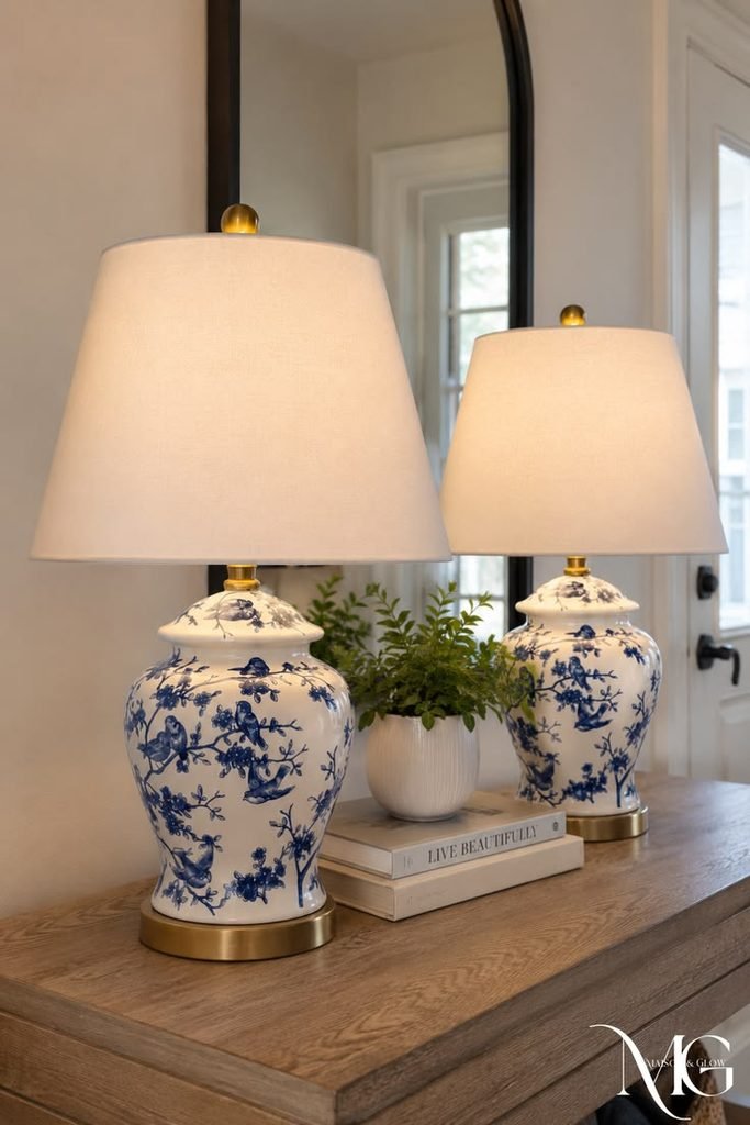 Ceramic lamp on console with layered accessories