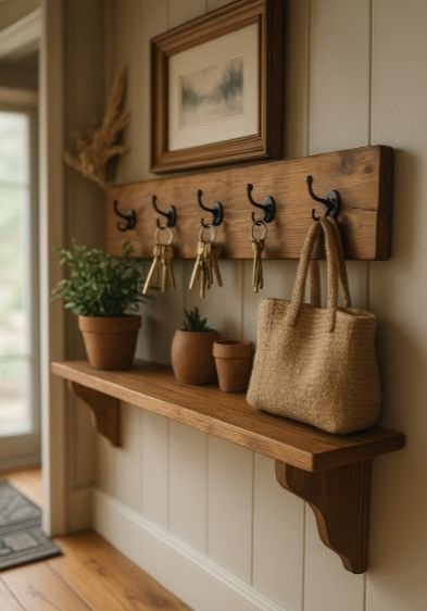 Entryway wall with hooks, shelf and bag