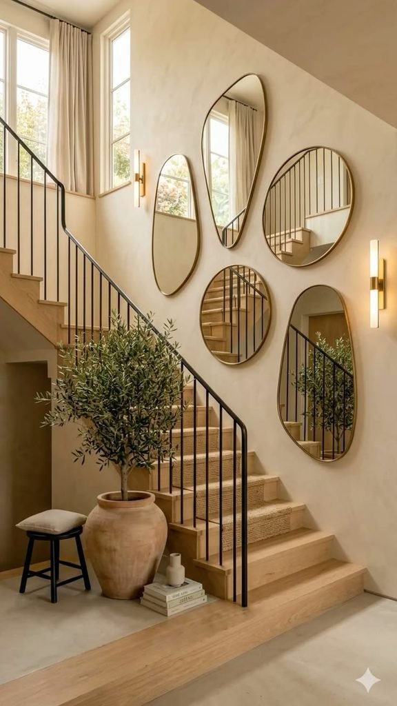 Several round mirrors arranged diagonally
round mirror staircase wall