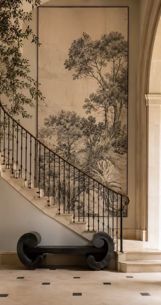 One large colorful artwork on stair wall
oversized staircase wall art