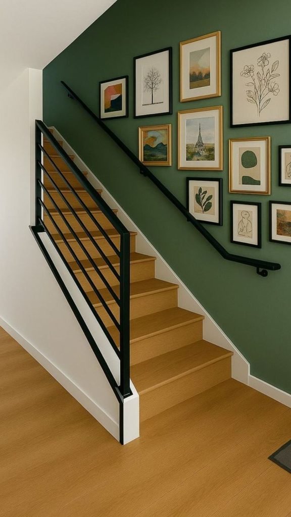 Green wall with simple artwork and wood stairs