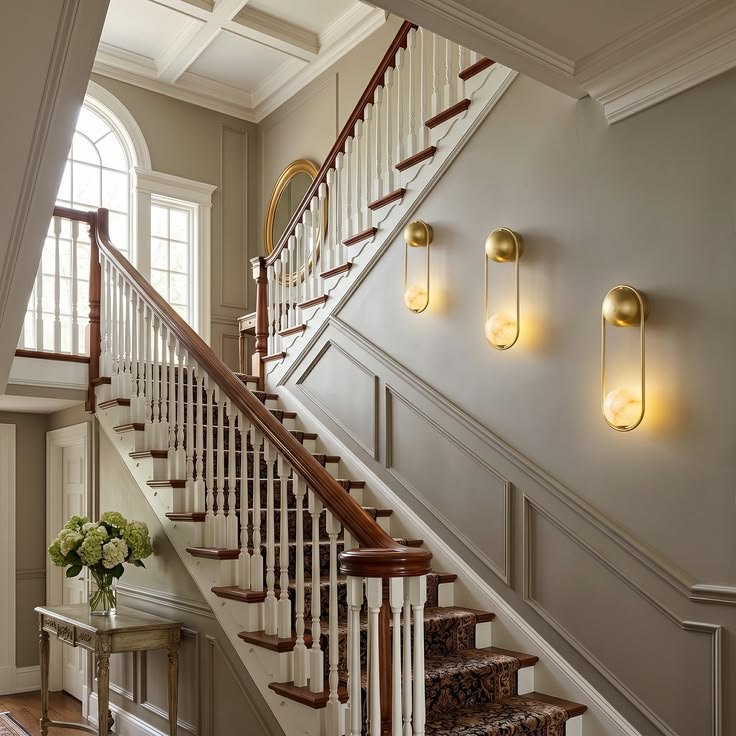 Warm sconces illuminating stair wall