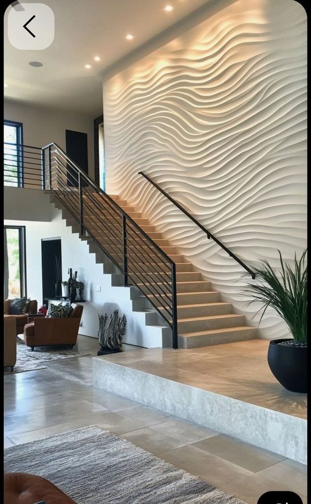 Limewash/plaster-textured stair wall