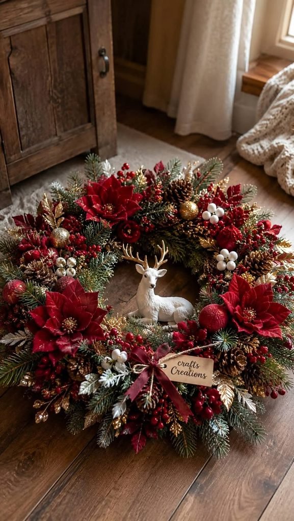 Natural Christmas wreath with evergreen branches, dried oranges, pinecones, and winter berries