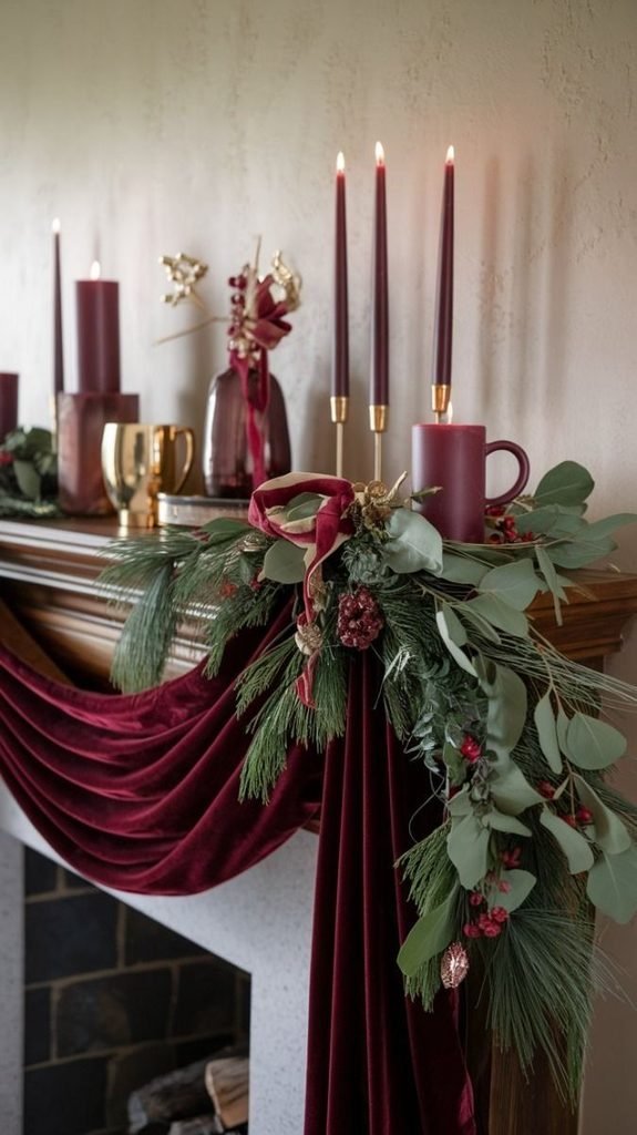Cozy Christmas fireplace mantel with evergreen garland, neutral stockings, and warm lights