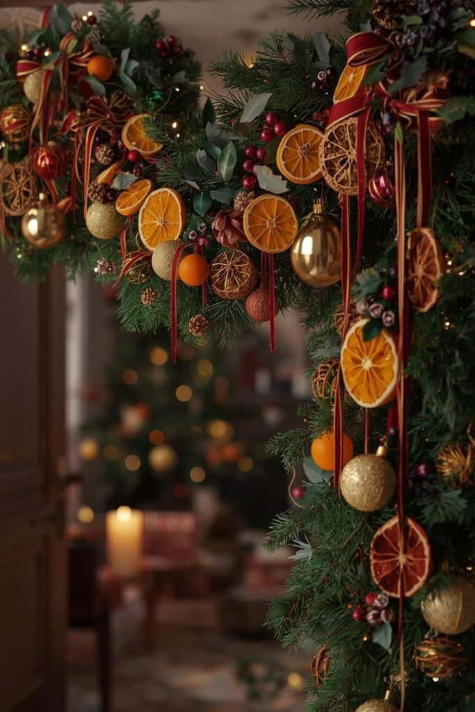 Christmas kitchen shelf with dried orange garland, evergreen branches, ceramic houses, and warm lights