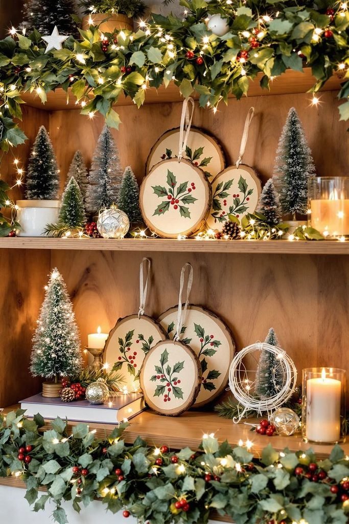 Natural wooden Christmas decorations styled with greenery on a sideboard
