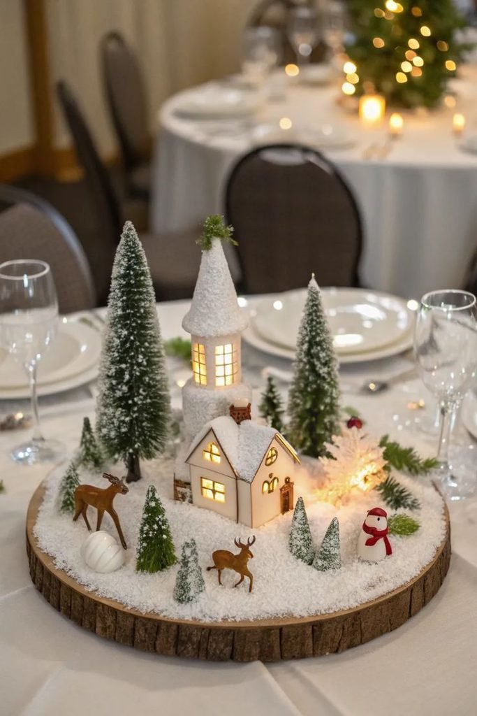 Small tabletop Christmas trees in ceramic and woven pots on a console table