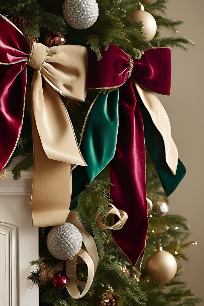 Christmas garland decorated with deep burgundy velvet ribbon and brass accents