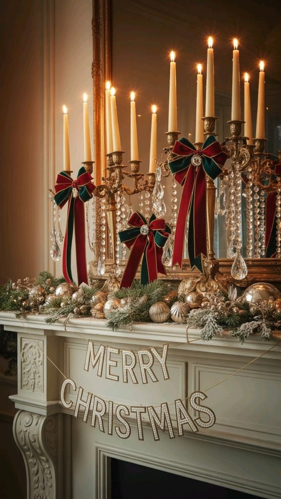 Vintage brass Christmas decorations styled with greenery on a wooden sideboard