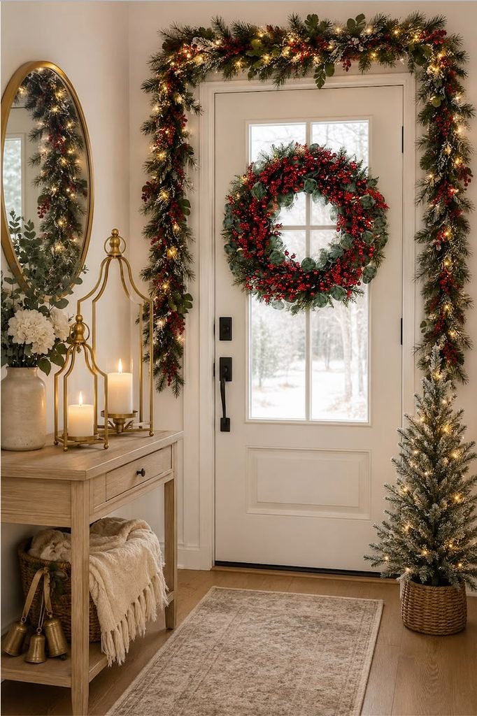 Festive Christmas entryway with greenery, a wooden console, mirror, and woven basket