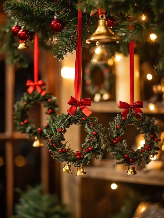 Christmas ornaments hanging from winter branches in a ceramic vase