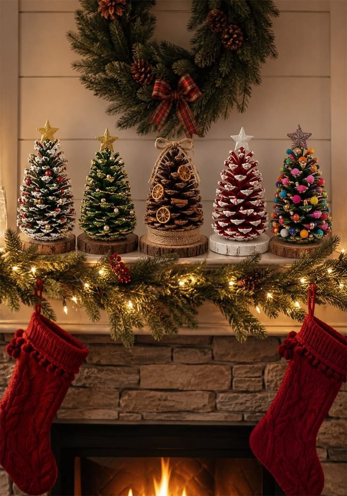 Natural pine cone Christmas arrangement in a wooden tray with greenery and berries