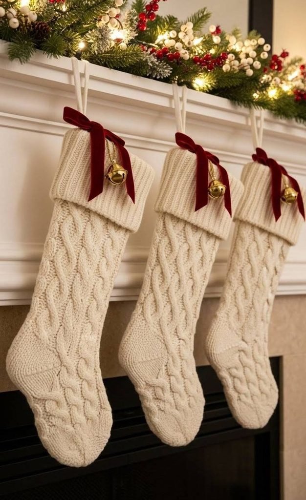 Neutral Christmas stockings hanging from a mantel with greenery and ceramic decor