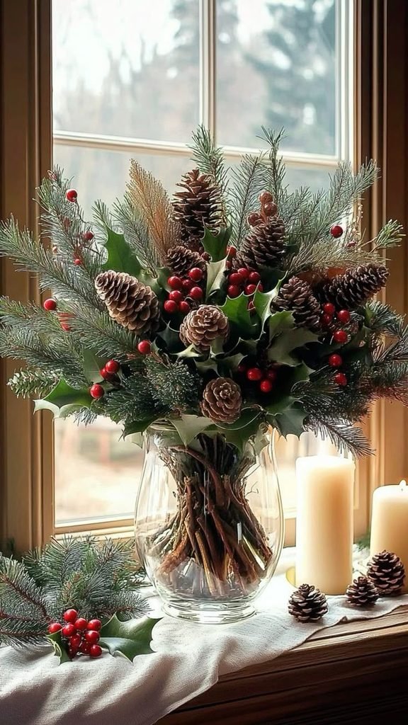 Winter berry branches and evergreen stems in a ceramic vase