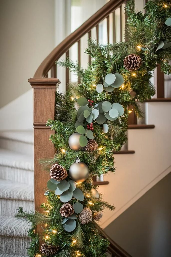 Elegant Christmas staircase garland with greenery, pinecones, ornaments, and warm lights