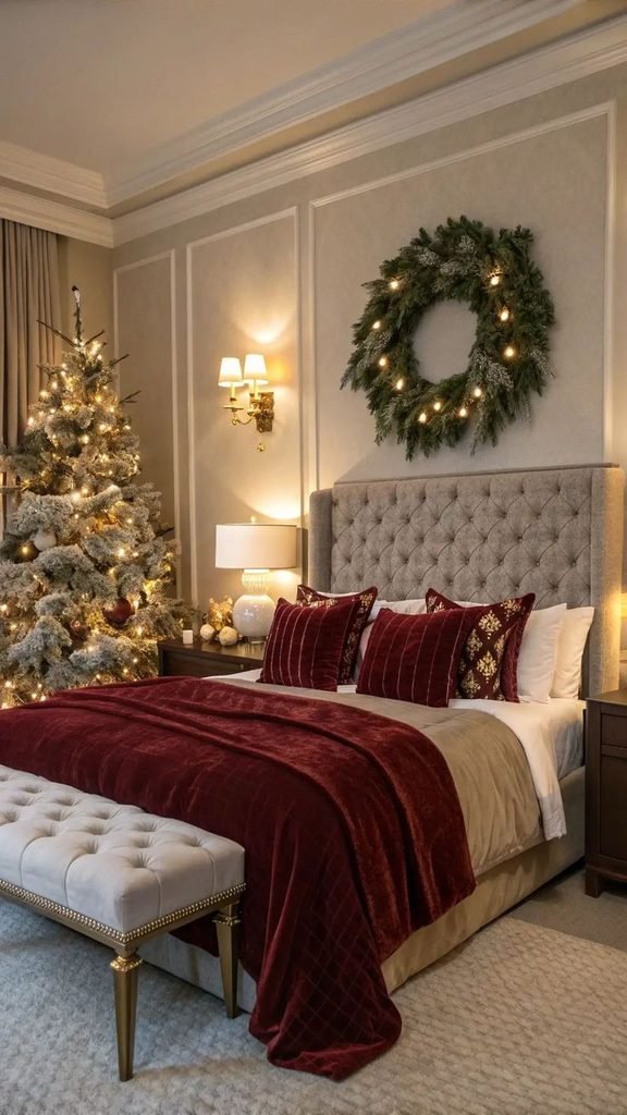 Cozy Christmas bedroom with neutral bedding, greenery, and a small tabletop tree