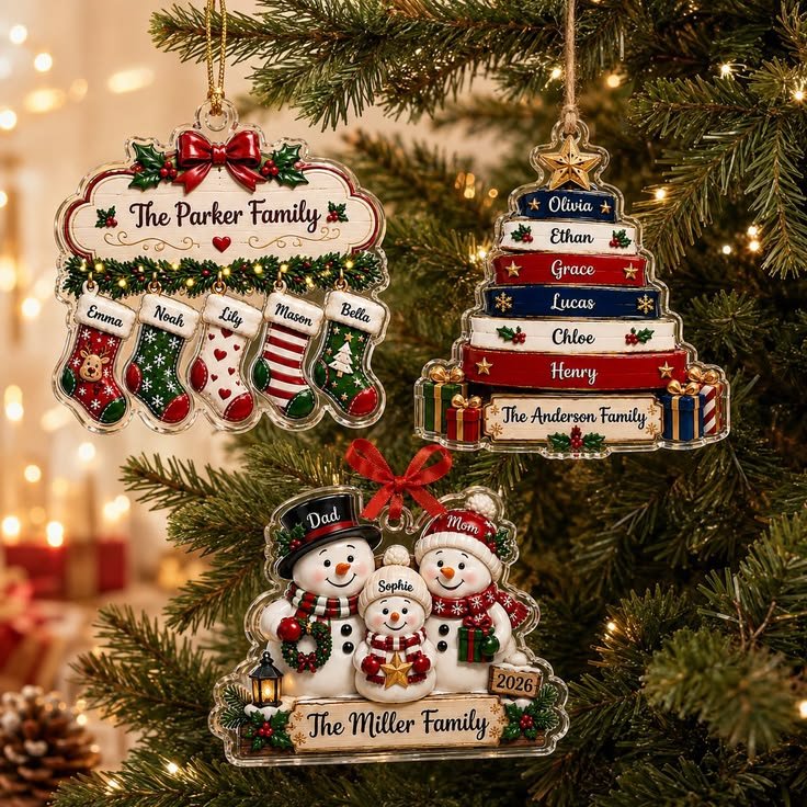 Personalized Christmas decor with stockings, an engraved ornament, greenery, and vintage accents