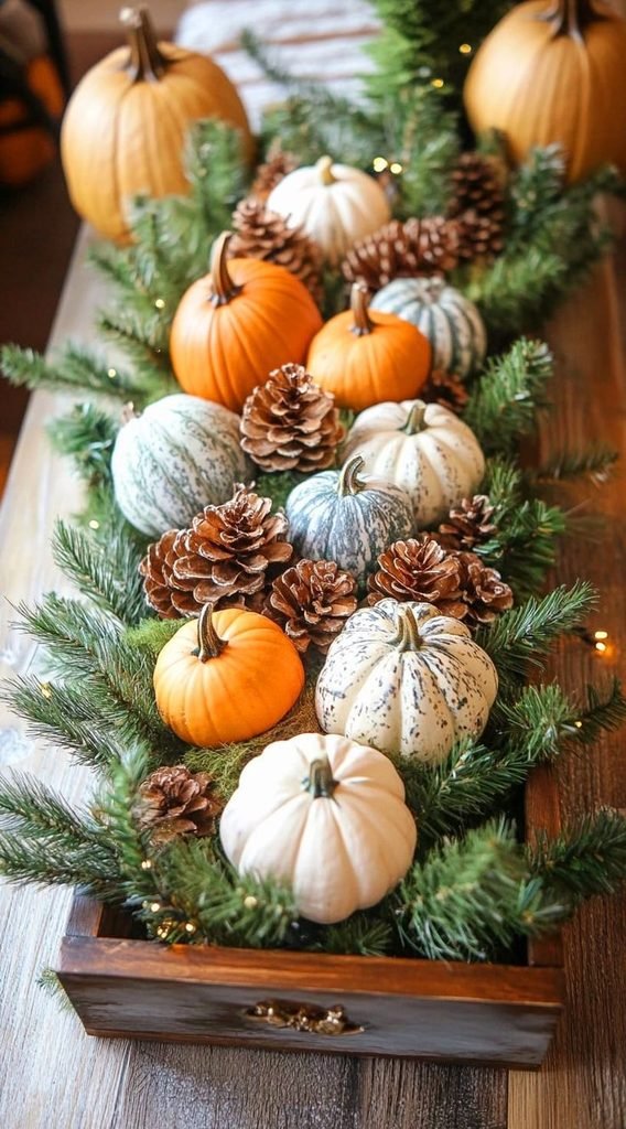Mini pumpkins and greenery fall table centerpiece on a linen runner