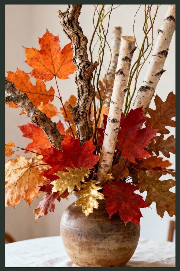 Autumn branches in a ceramic vase as a fall table centerpiece