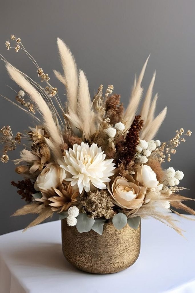 Dried wheat and flowers in a ceramic pitcher for fall table decor