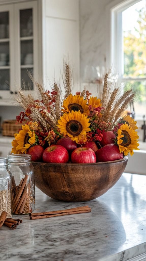Autumn fruit bowl centerpiece with pears apples figs and pomegranates