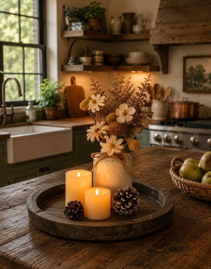 Rustic wooden tray styled as a fall table centerpiece