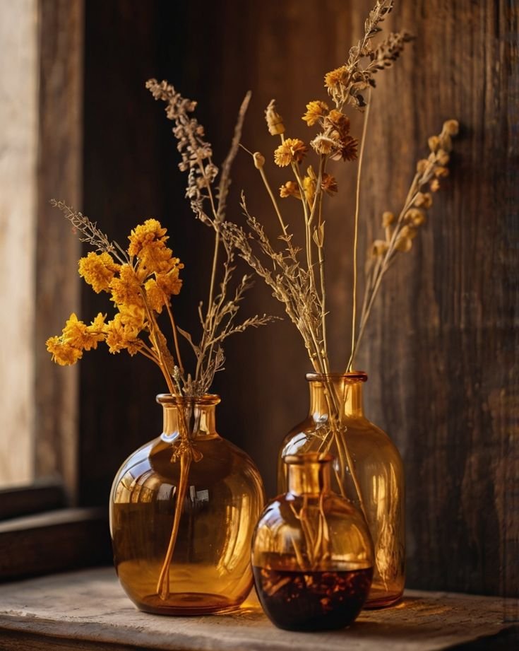 Amber glass vases with dried foliage for a fall dining table centerpiece