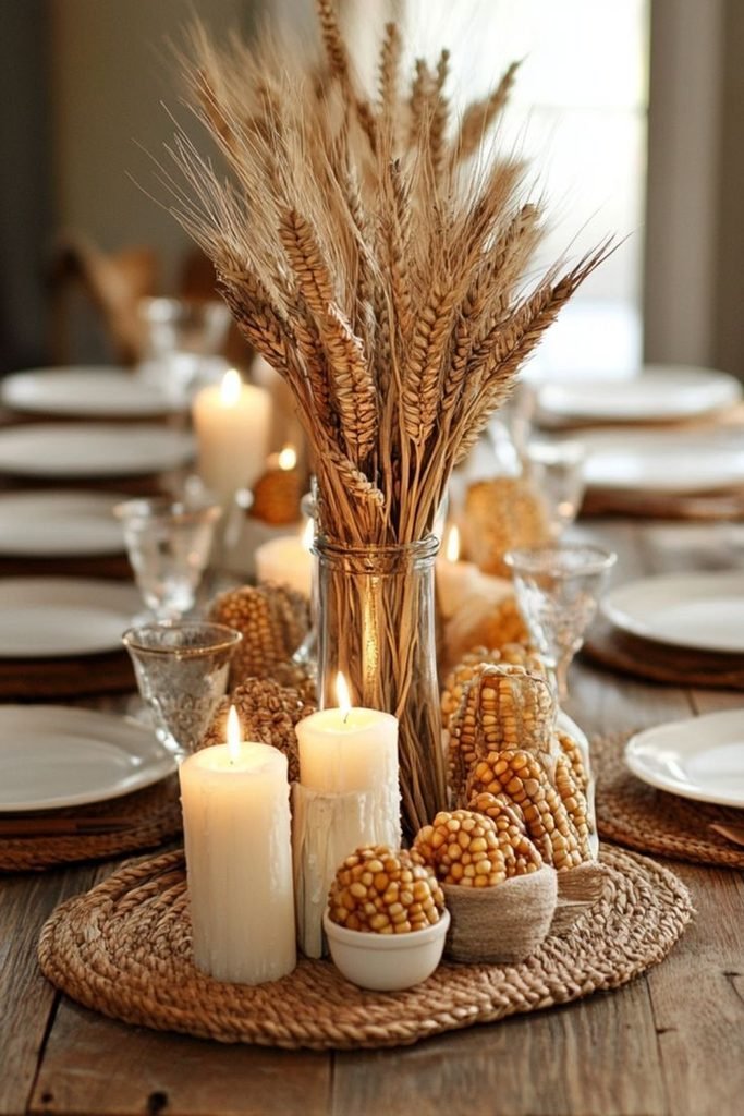 Dried corn husks and wheat bundle fall table centerpiece
