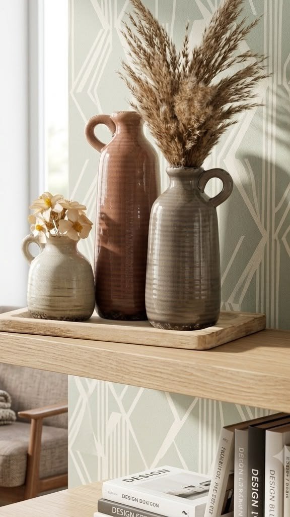 Layered ceramic vases with autumn branches on a dining table