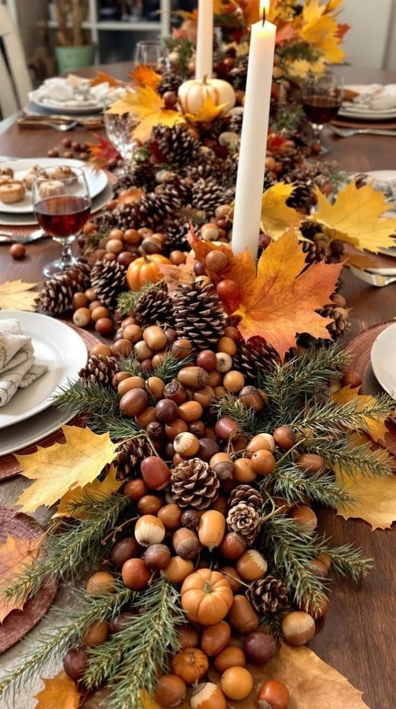 Pinecones leaves and greenery in a wooden bowl for fall table decor