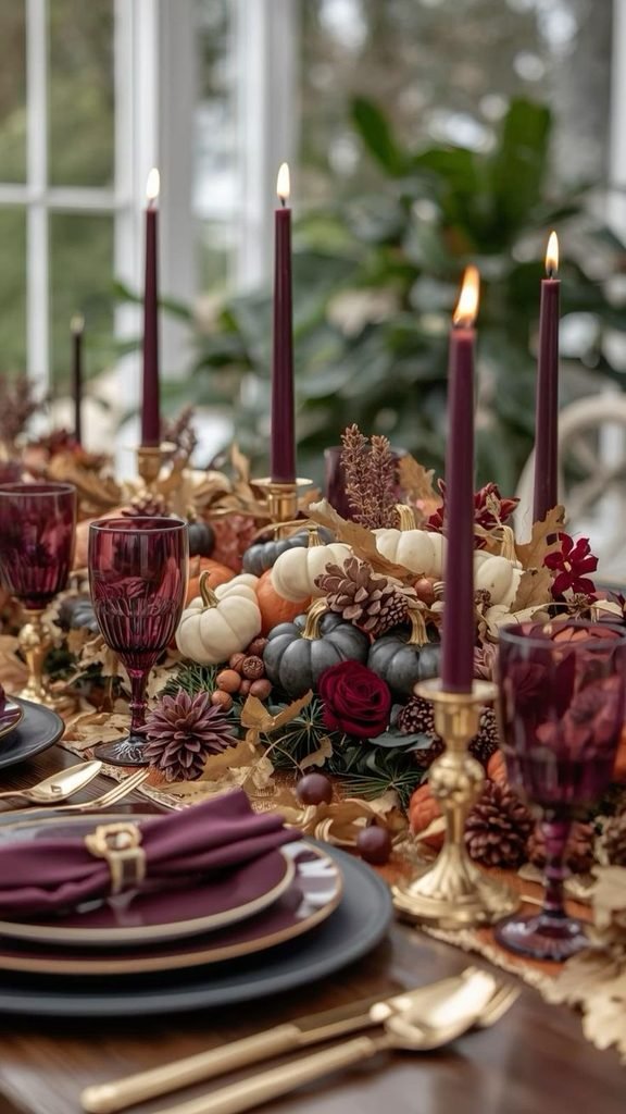 Moody burgundy floral centerpiece with pomegranates for fall