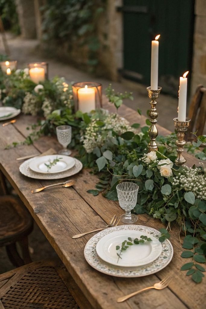 Low greenery garland running down a fall dining table