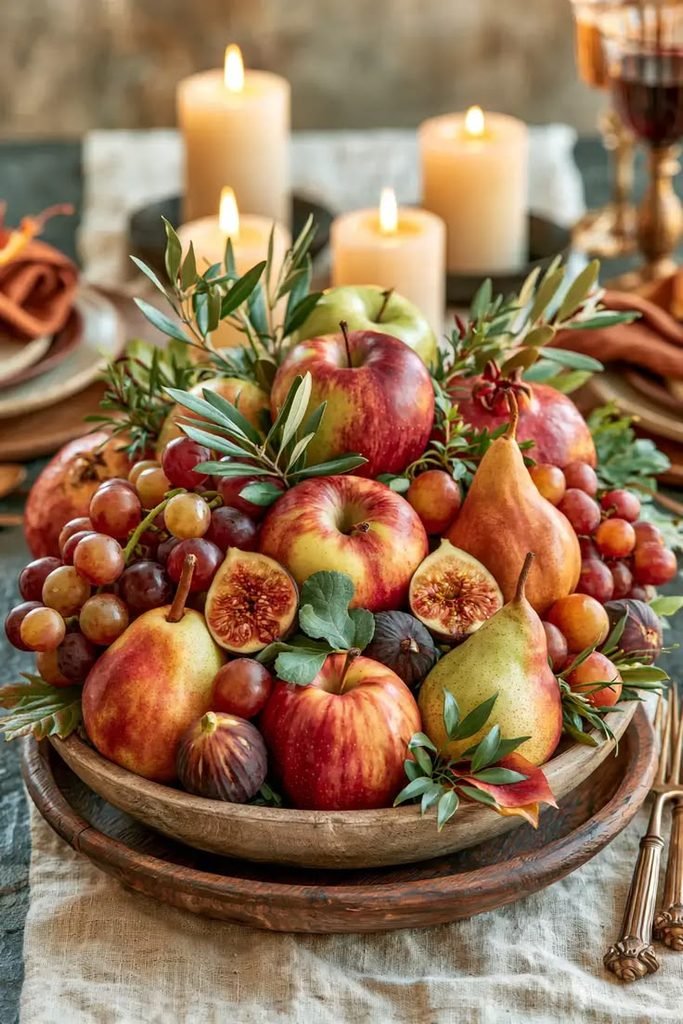 Fruit and foliage bowl centerpiece for an autumn dining table