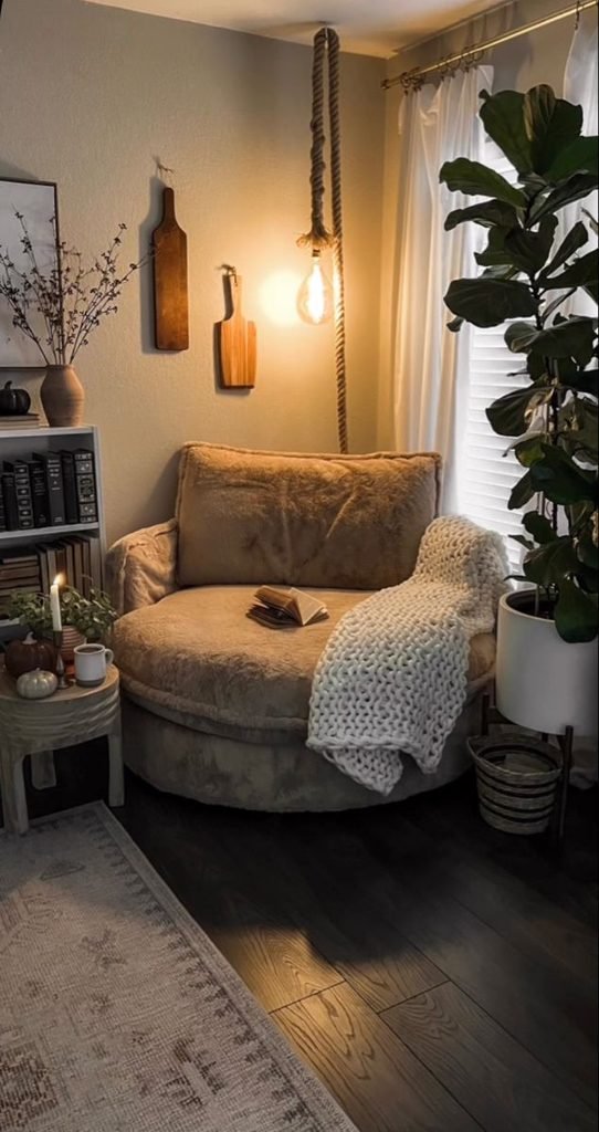 Cozy reading chair beside a sunny window with a small side table