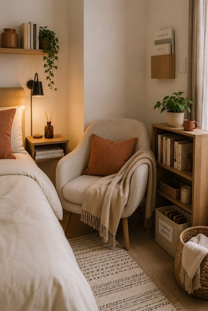 Small bedroom reading nook with a comfortable armchair and floor lamp