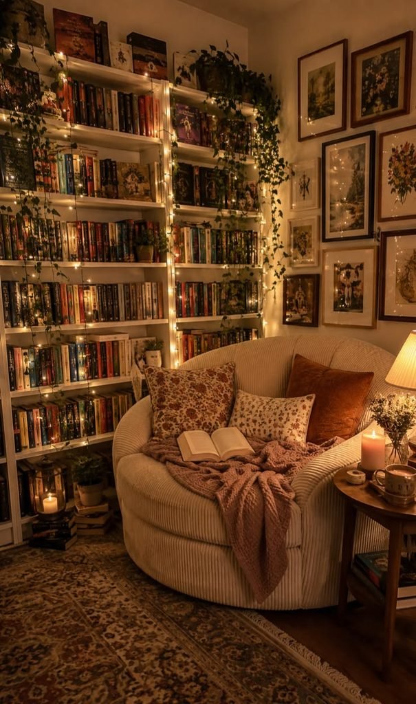 Cozy reading nook beside a bookshelf filled with books