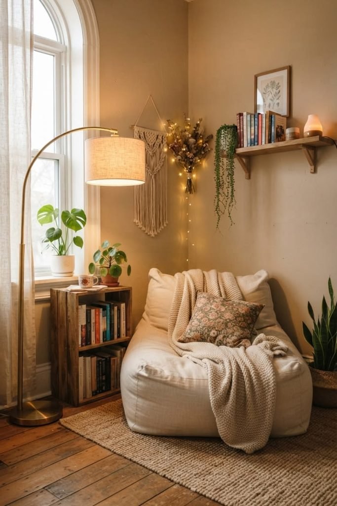 Small apartment reading corner with an accent chair and floor lamp