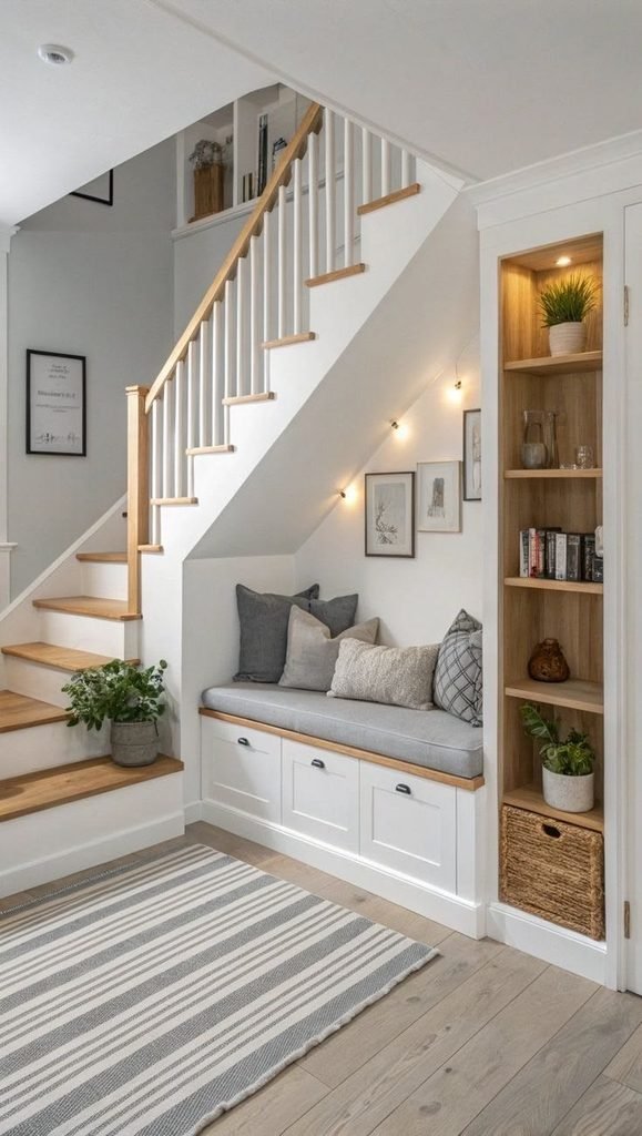 Cozy under-stairs reading nook with a built-in bench and bookshelf