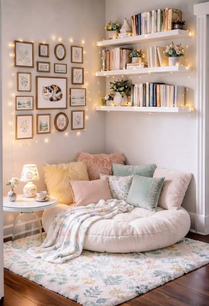 Relaxed floor cushion reading nook with pillows and a small wooden stool