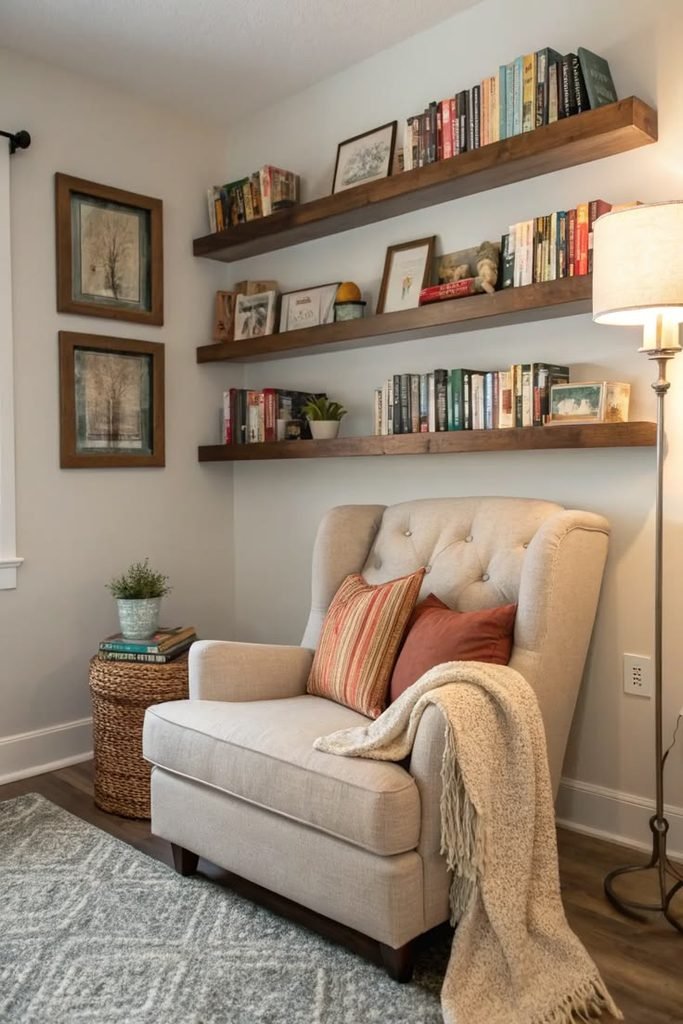 Reading nook with floating shelves, books, and a comfortable armchair