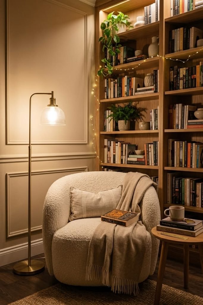 Reading nook with a comfortable chair and warm floor lamp