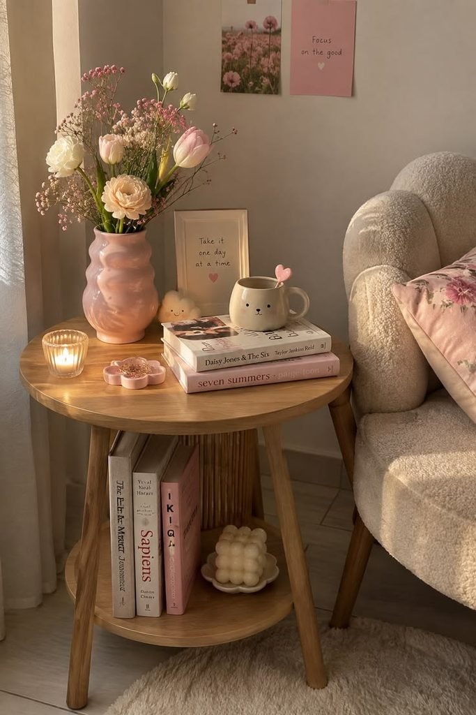 Cozy reading chair beside a small wooden side table with a book