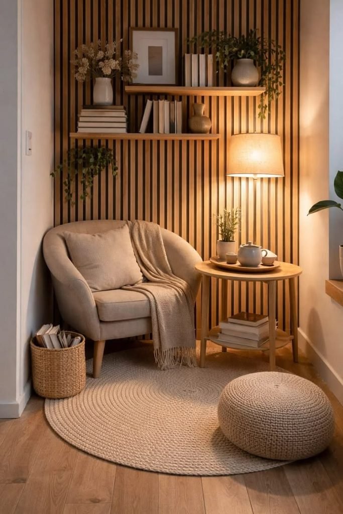 Cozy reading nook with layered cushions, throw blanket, and textured rug