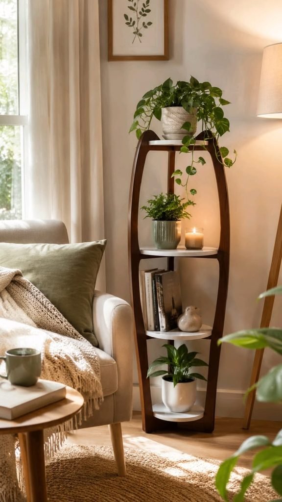 Reading nook with a comfortable chair and tall indoor plant